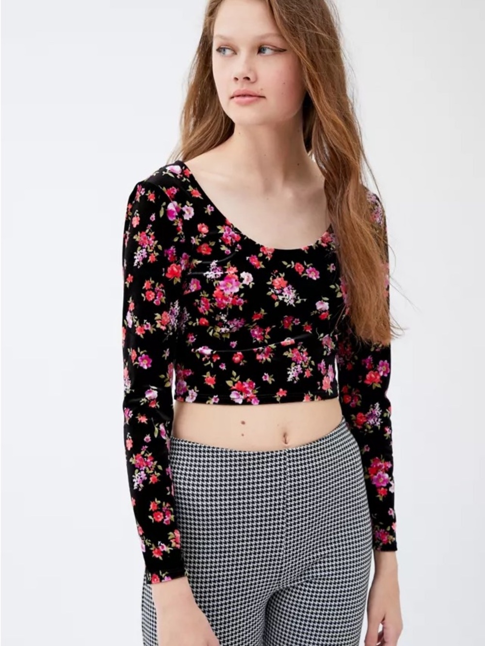 Urban Renewal Remnants Floral Velvet Long Sleeve Shirt  UO Crop Indie NWT
